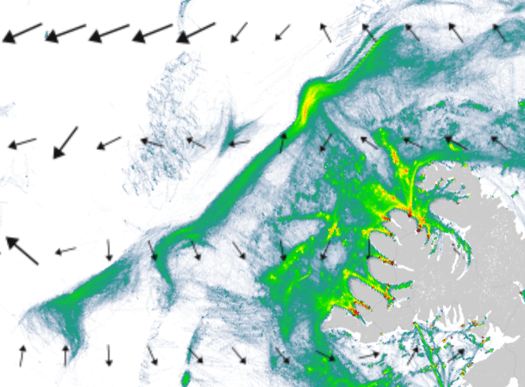 Combination of vessel density and sea currents data in one single application. Source: Frontex